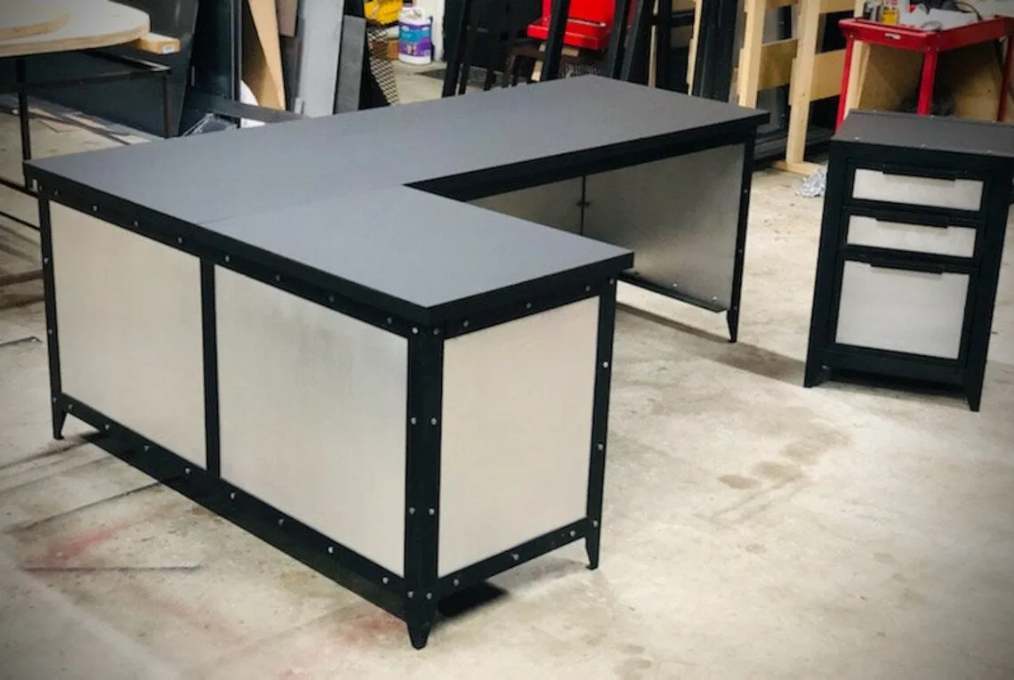 #066M - Modern Industrial Office Desk & File Cabinet