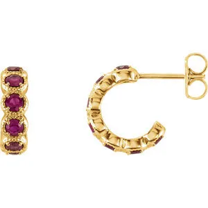 14K Yellow Chatham® Created Ruby Hoop Earrings