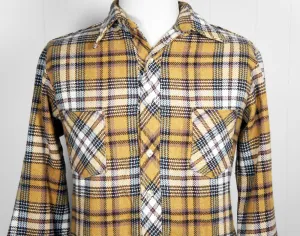 1960's Brown, Baby Blue & White Striped Plaid Wool Flannel Shirt - Size L