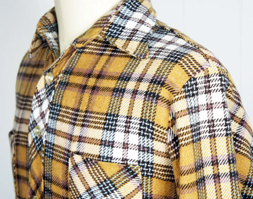 1960's Brown, Baby Blue & White Striped Plaid Wool Flannel Shirt - Size L