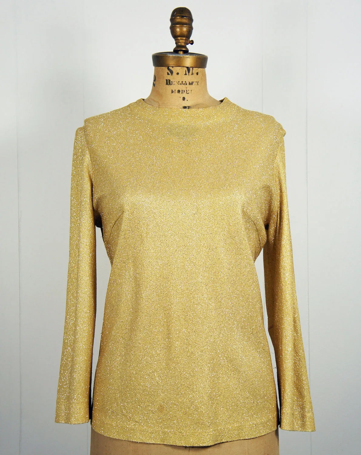 1980's Gold Glitter Long Sleeve Sparkle Top, Size L