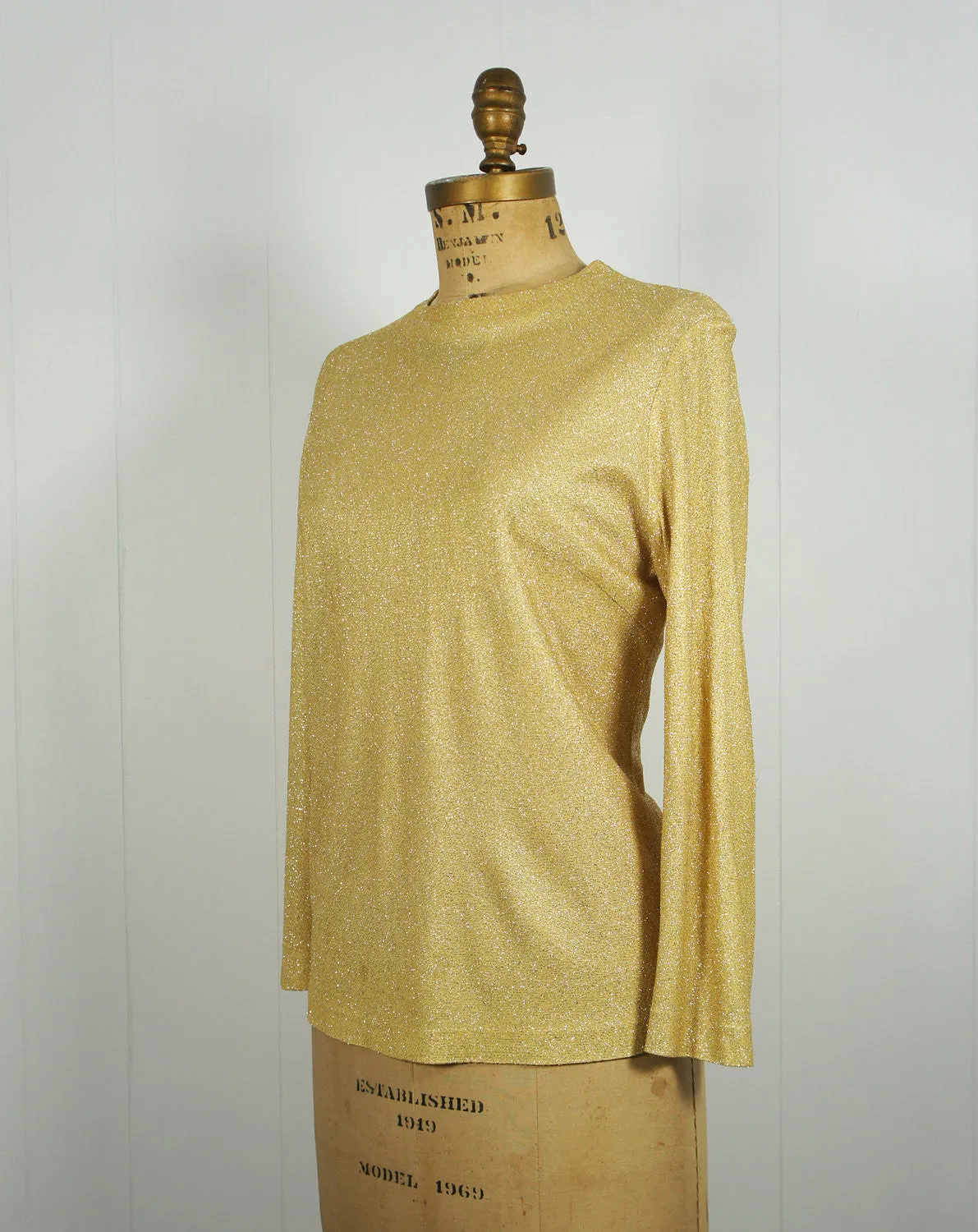 1980's Gold Glitter Long Sleeve Sparkle Top, Size L