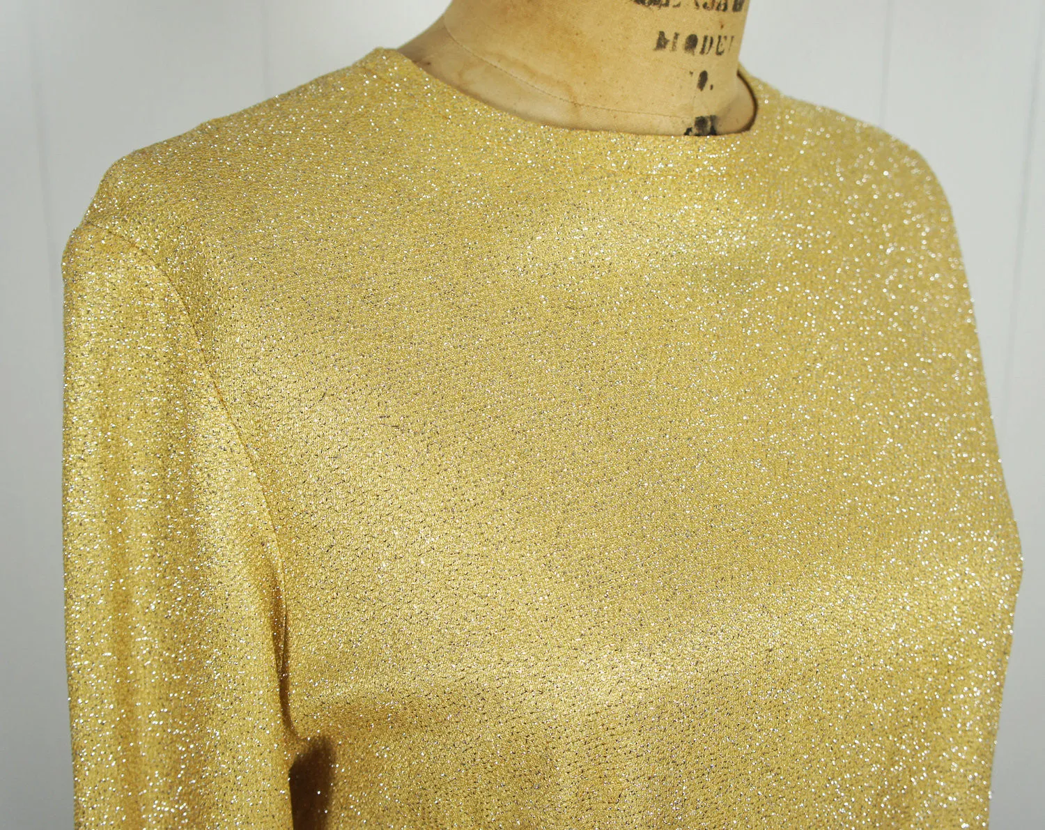 1980's Gold Glitter Long Sleeve Sparkle Top, Size L