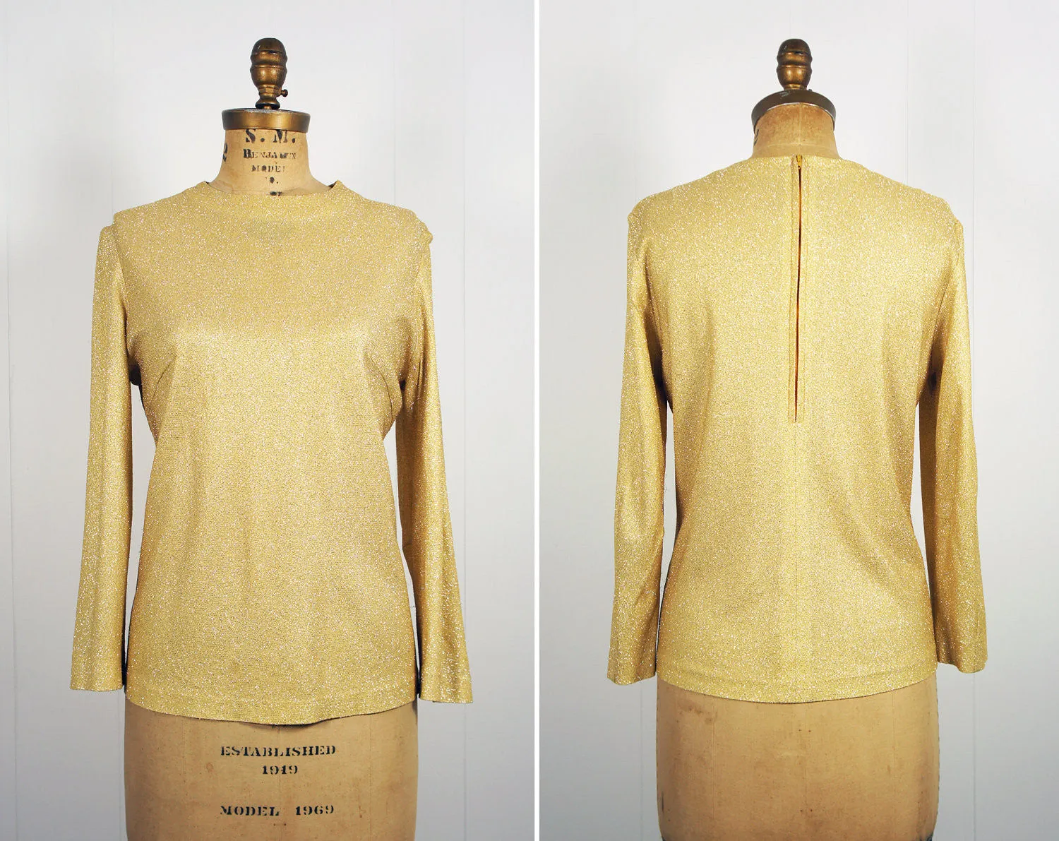 1980's Gold Glitter Long Sleeve Sparkle Top, Size L
