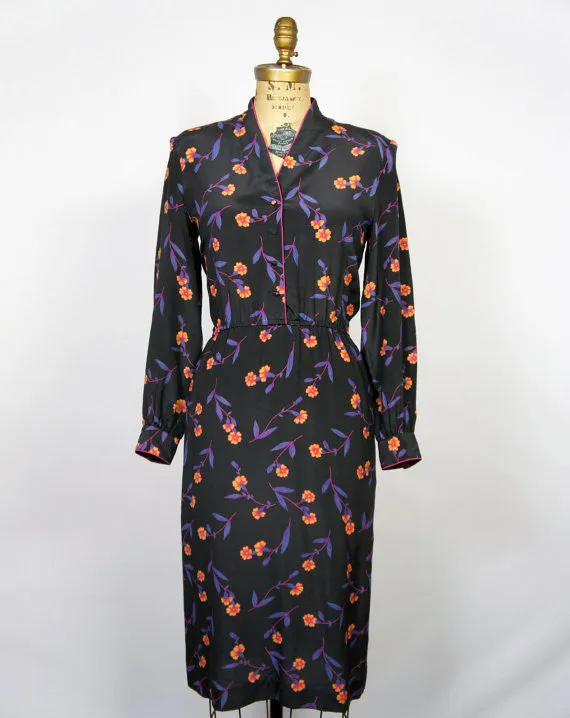 1980's Romantic Floral Black Dress - Size L