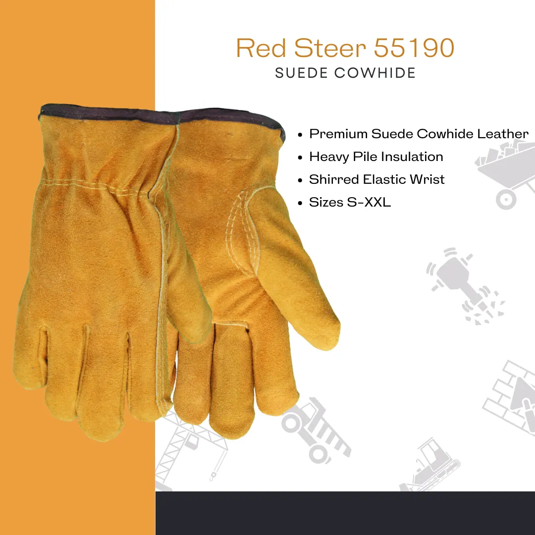 55170 FLEECE SUEDE COWHIDE THERMAL LINED GLOVES - SHIIRRED ELASTIC WRIST - SIZES S-XL