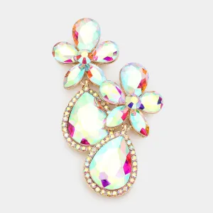 AB Crystal Flower Stone Teardrop Dangle Pageant Earrings on Gold  | Pageant Jewelry |  563309
