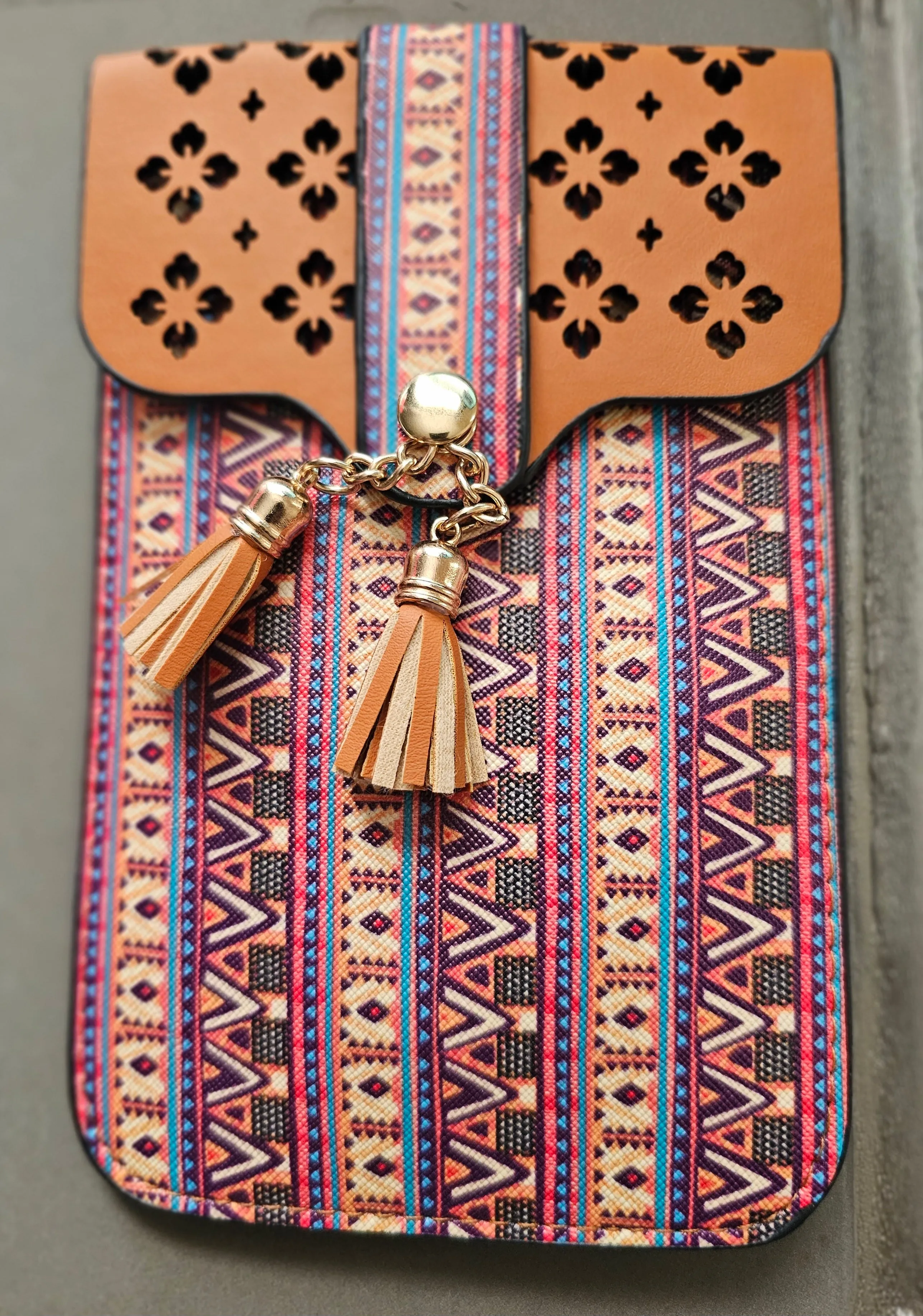 Aztec Cellphone Crossbody With Window In Tan Brown