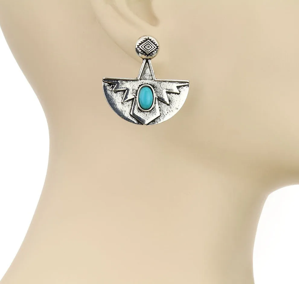 Aztec Thunderbird Fashion Stamped Earrings - Turquoise