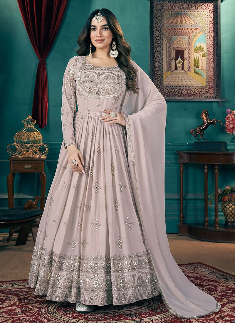 Baby Pink Metallic Foil Work Embellished Anarkali Suit