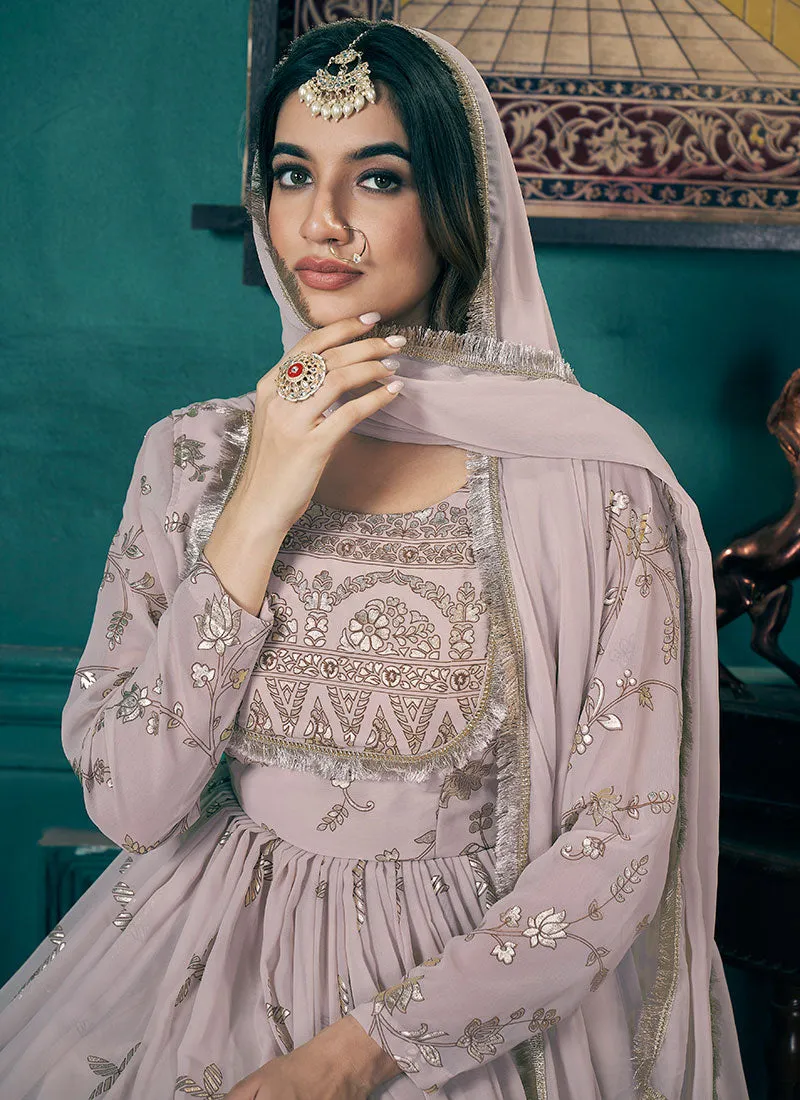 Baby Pink Metallic Foil Work Embellished Anarkali Suit