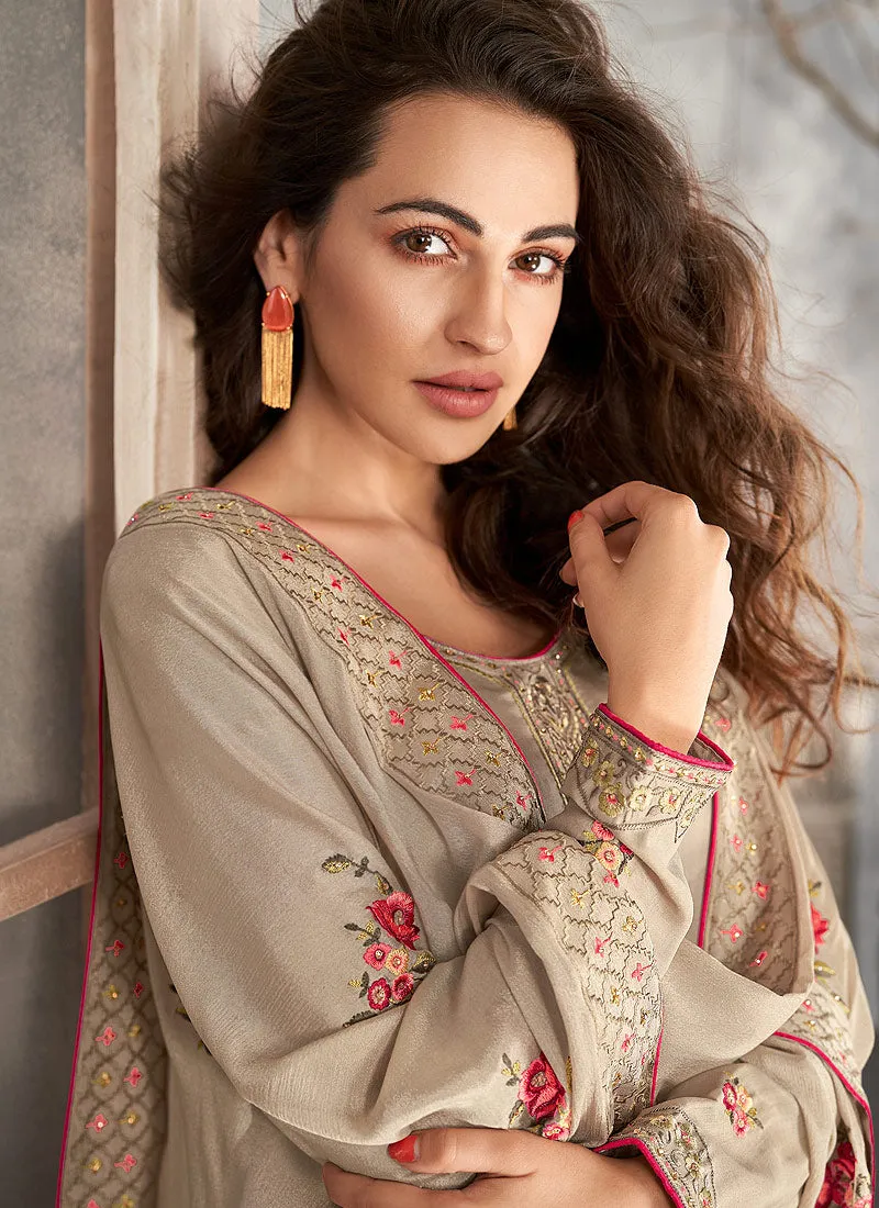 Beige Floral Embroidered Designer Palazzo Style Pant Suit