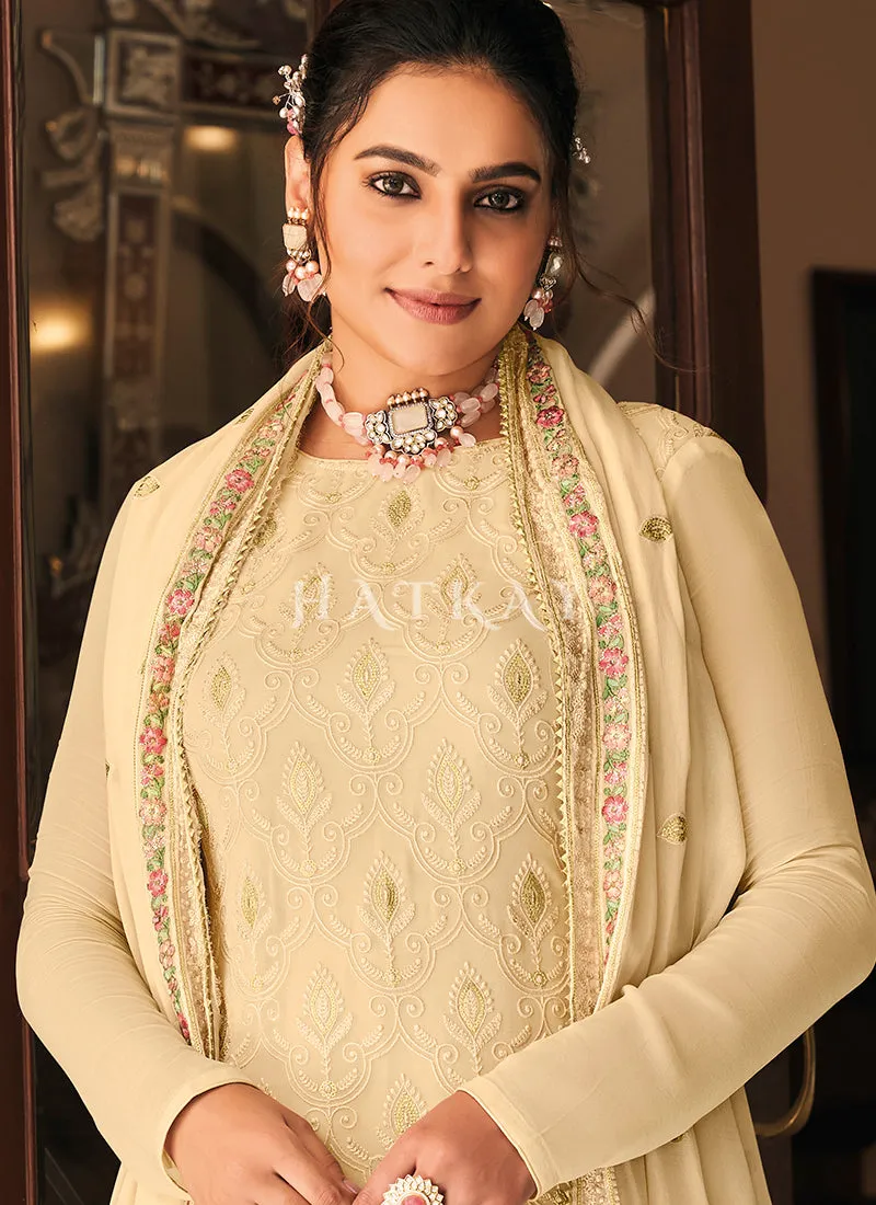 Beige Multi Embroidered Traditional Pant Style Salwar Suit