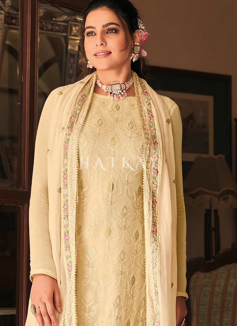 Beige Multi Embroidered Traditional Pant Style Salwar Suit