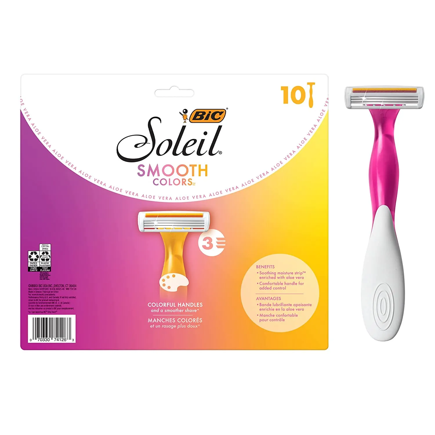 BIC Premium Shaving Razor Set with Aloe Vera and Vitamin E Lubricating Disposable Razors for Women, Strip Soleil Color, 10-Count, 3 Blades