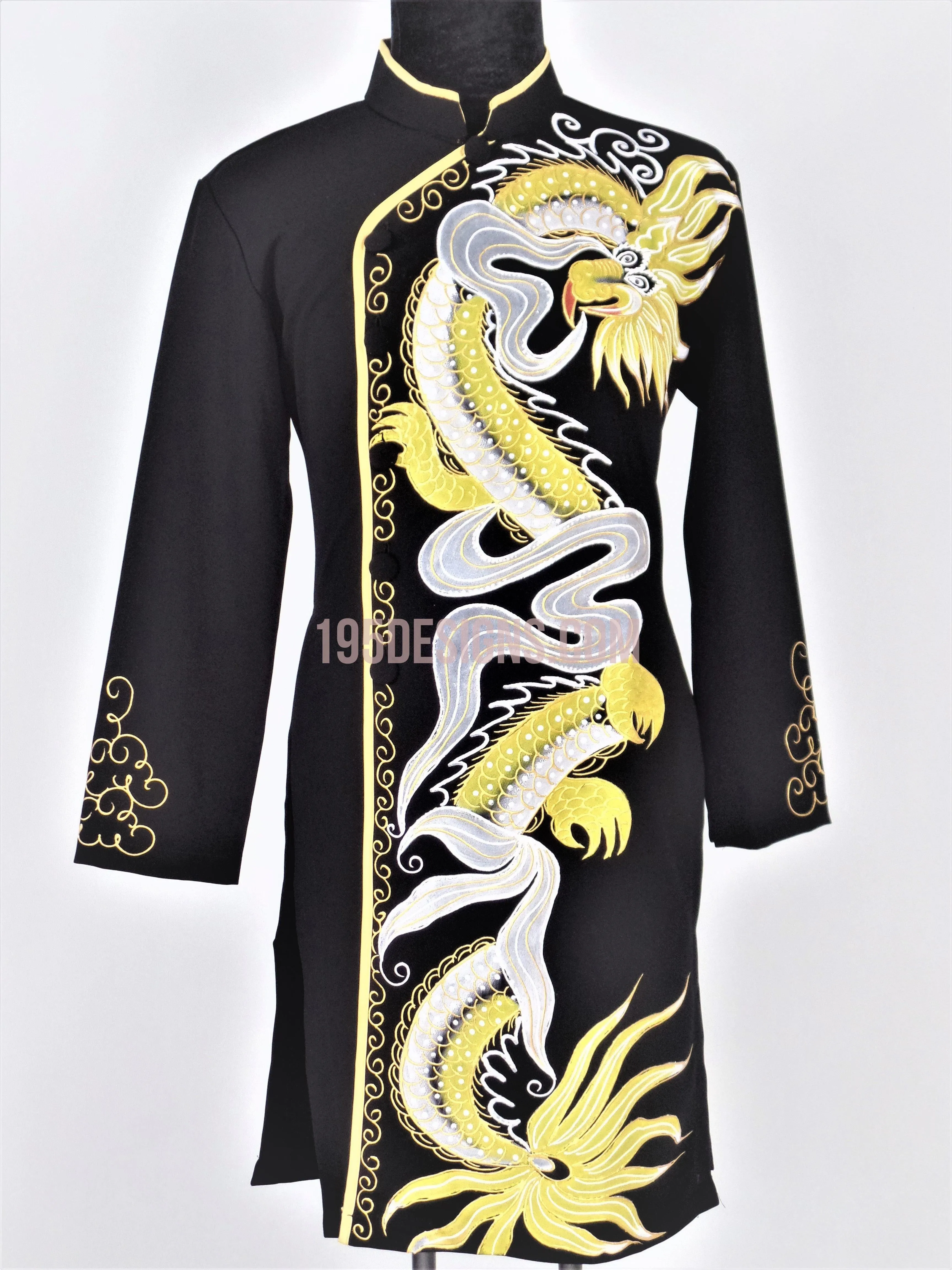 Black Ao Dai Men -  Áo Dài Nam Vẽ Rồng Vải Co Giản Nhẹ