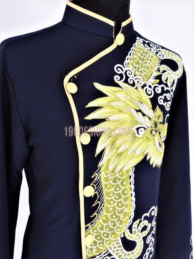 Black Ao Dai Men -  Áo Dài Nam Vẽ Rồng Vải Co Giản Nhẹ
