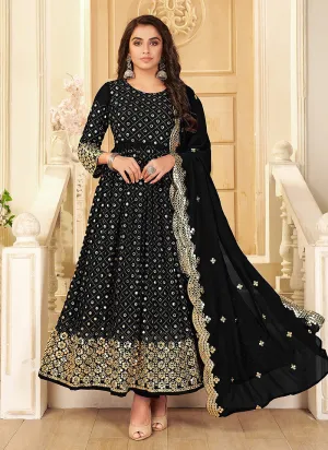Black Foil Mirror Embroidered Afghani Style Anarkali
