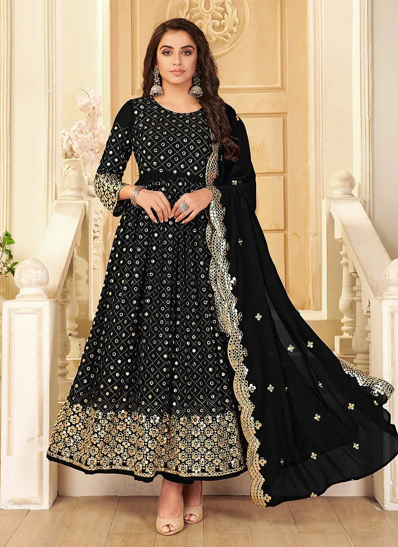 Black Foil Mirror Embroidered Afghani Style Anarkali
