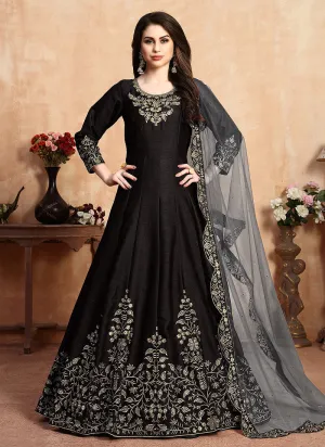 Black Golden Embroidered Designer Silk Anarkali Suit