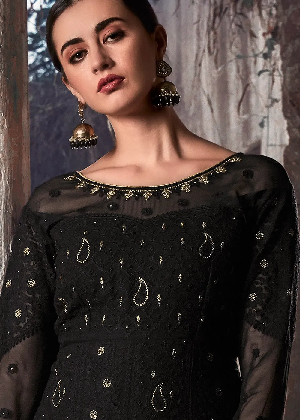 Black Golden Lucknowi Anarkali Suit