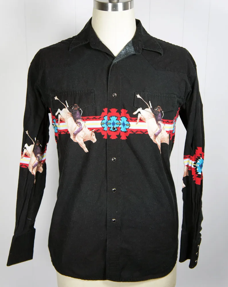 Black Western Pearl Snap Shirt w/ Bullrider - Size L