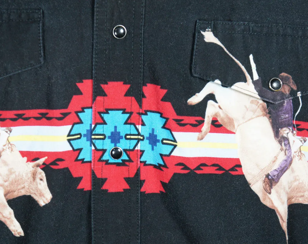 Black Western Pearl Snap Shirt w/ Bullrider - Size L