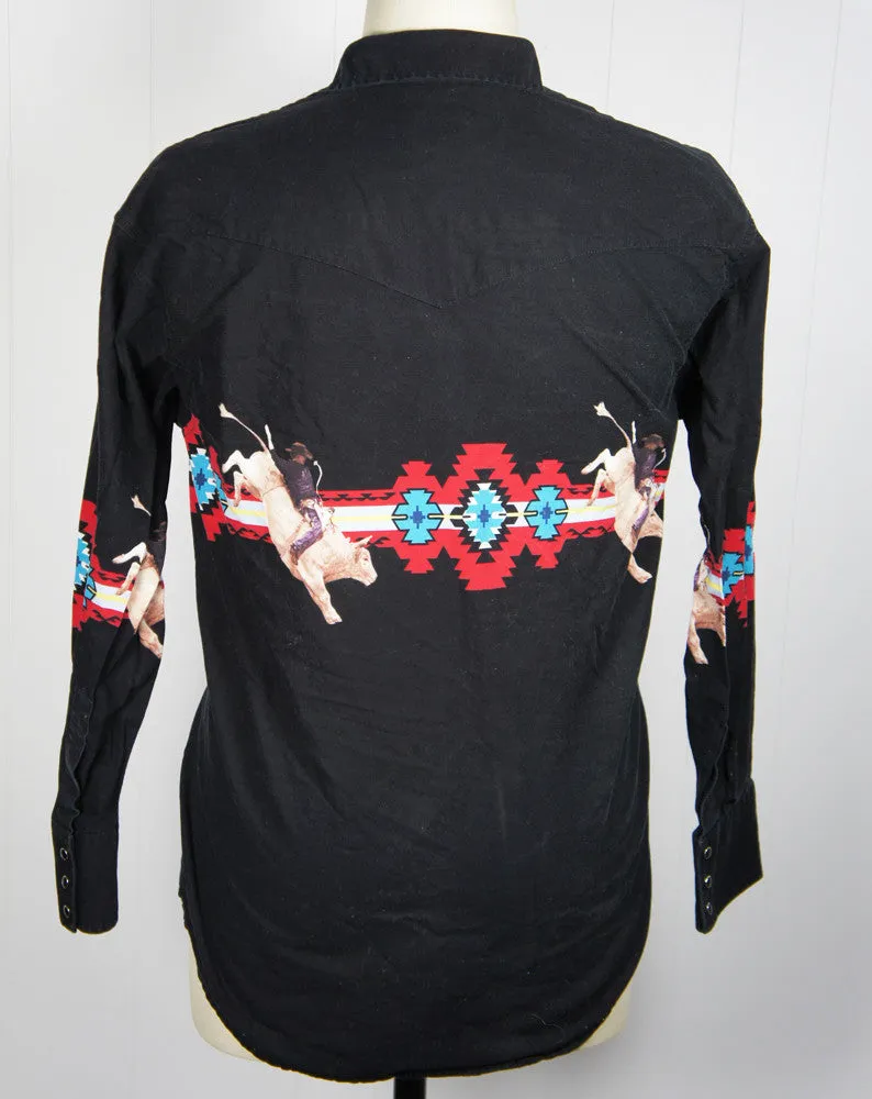 Black Western Pearl Snap Shirt w/ Bullrider - Size L