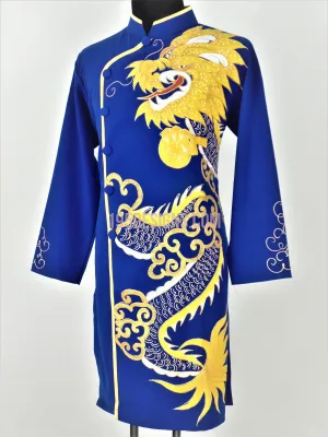 Blue Ao Dai Men -  Áo Dài Xanh Nam Vẽ Rồng Vải Co Giản Nhẹ