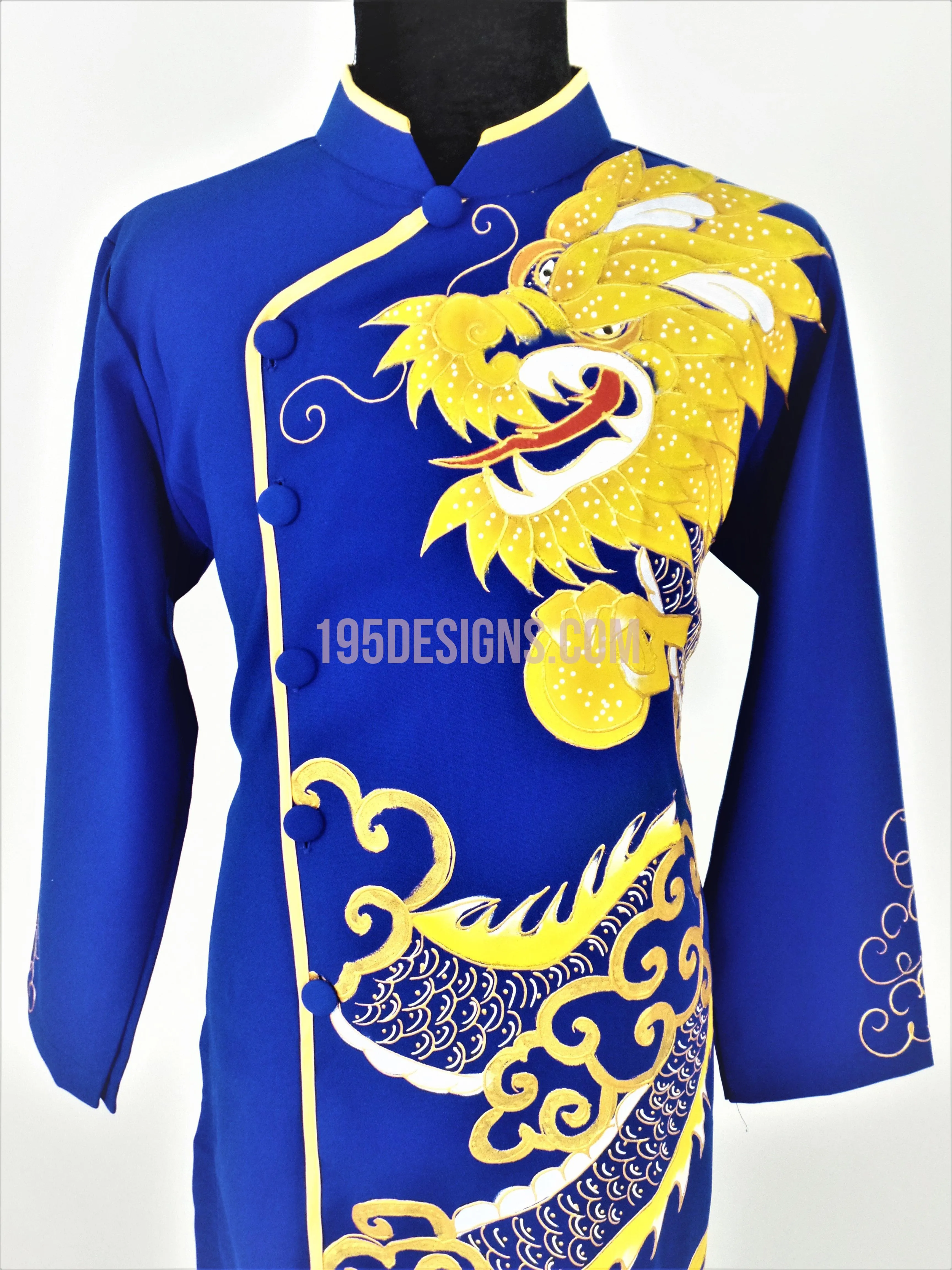 Blue Ao Dai Men -  Áo Dài Xanh Nam Vẽ Rồng Vải Co Giản Nhẹ