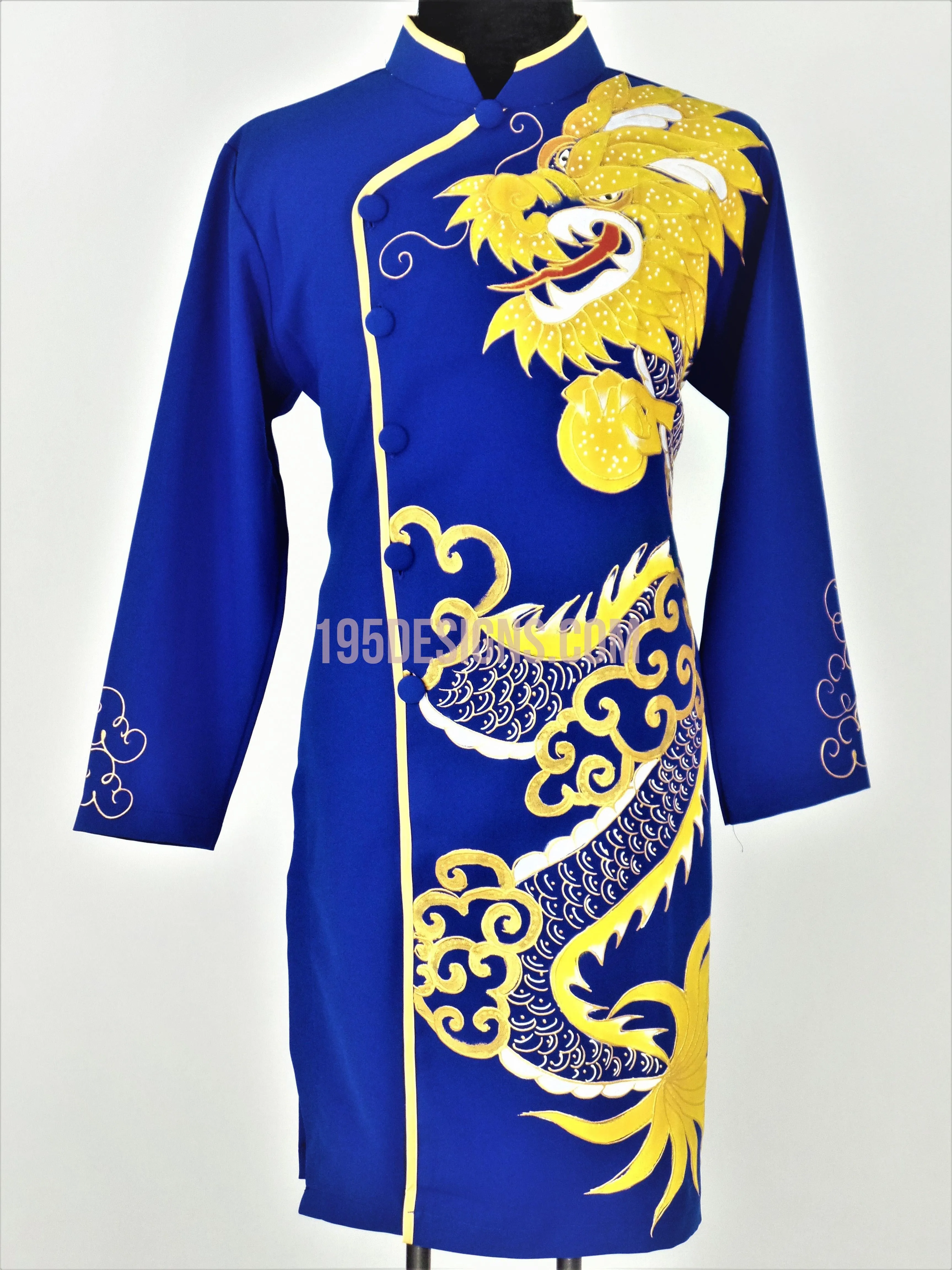 Blue Ao Dai Men -  Áo Dài Xanh Nam Vẽ Rồng Vải Co Giản Nhẹ