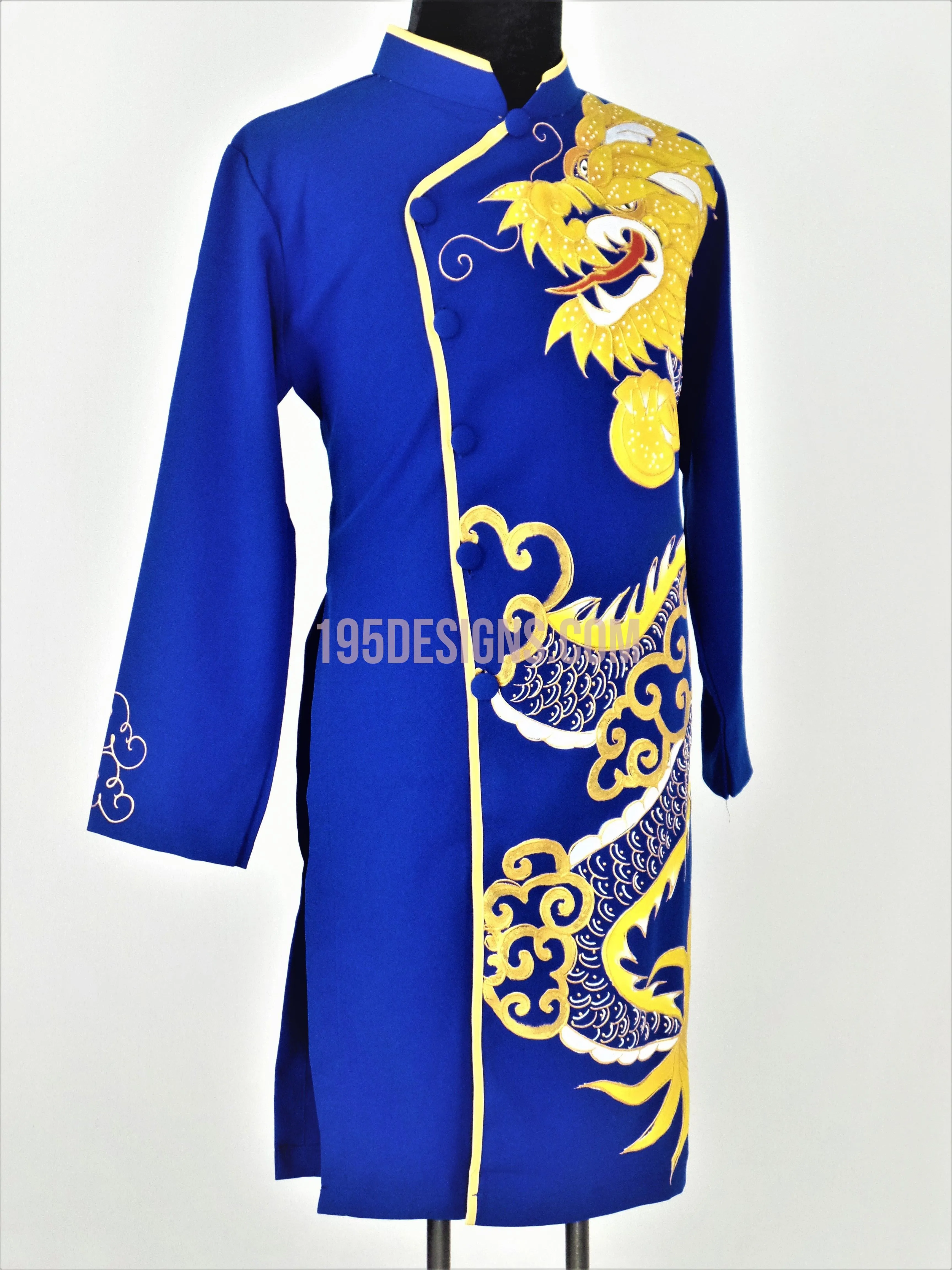 Blue Ao Dai Men -  Áo Dài Xanh Nam Vẽ Rồng Vải Co Giản Nhẹ