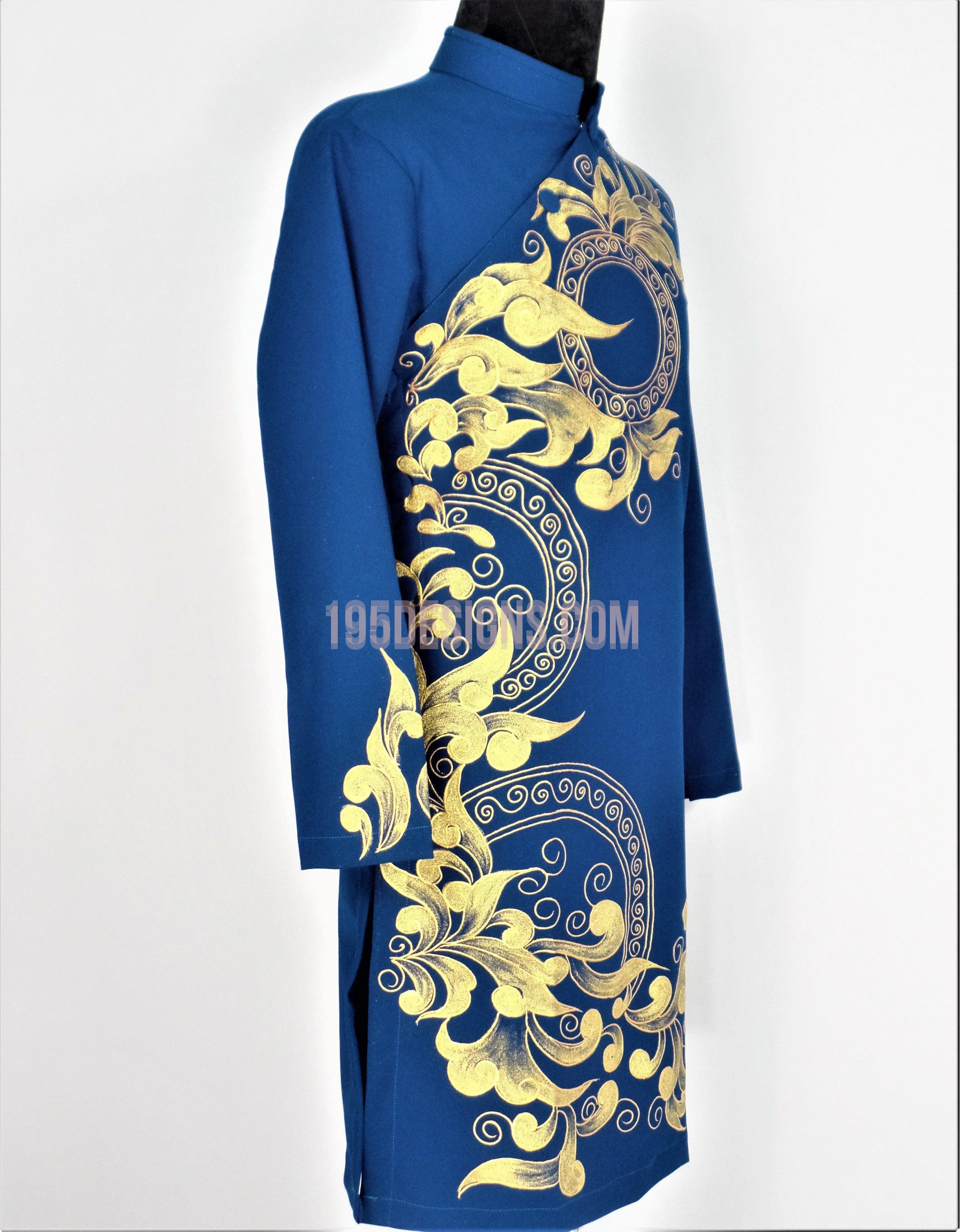Blue Ao Dai Men -  Áo Dài Xanh Nam Vẽ Vải Co Giản Nhẹ