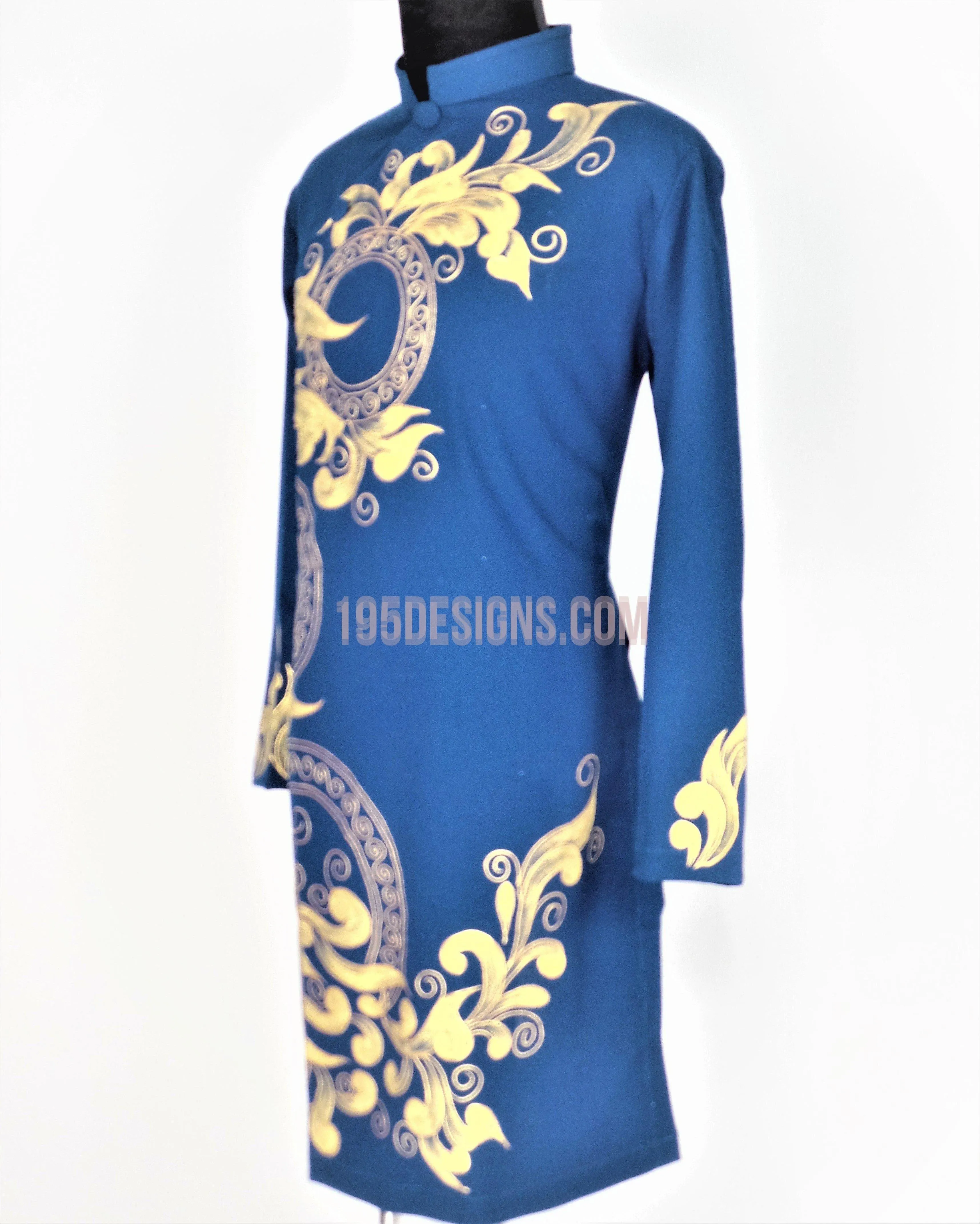 Blue Ao Dai Men -  Áo Dài Xanh Nam Vẽ Vải Co Giản Nhẹ