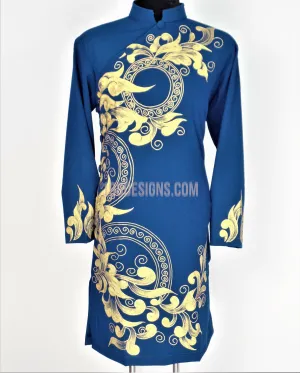 Blue Ao Dai Men -  Áo Dài Xanh Nam Vẽ Vải Co Giản Nhẹ