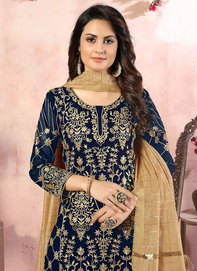 Blue Embroidered Designer Palazzo Suit
