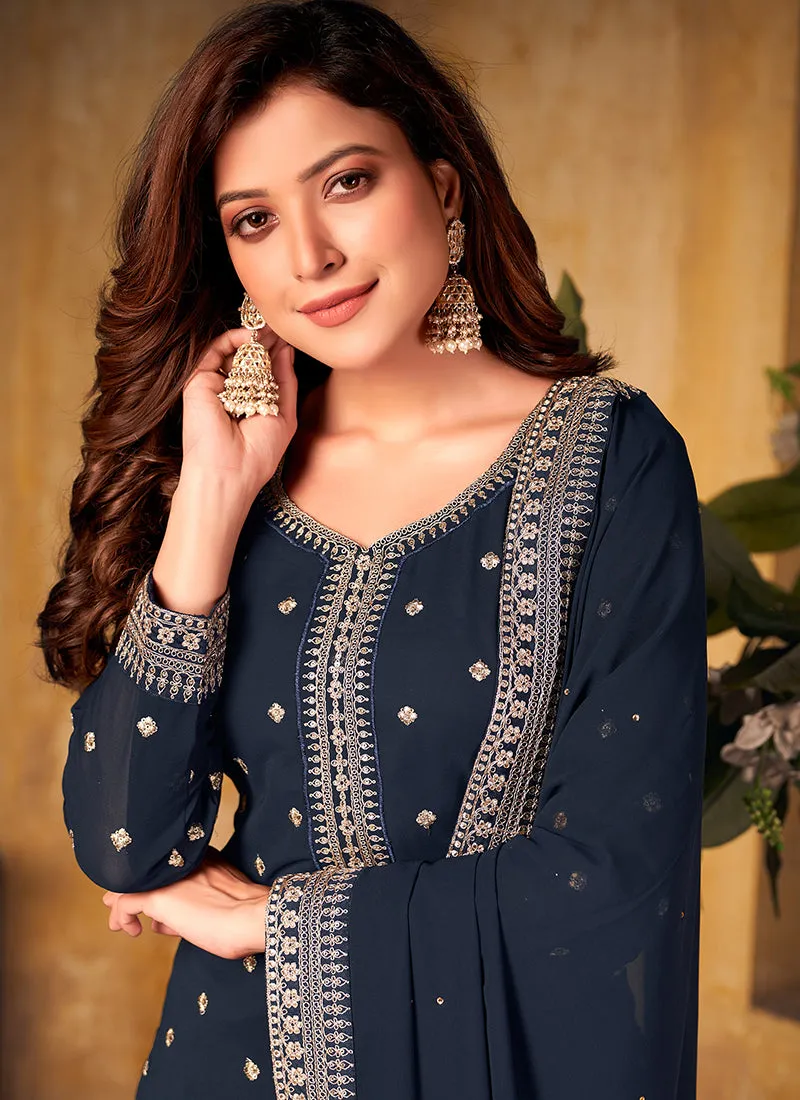Blue Embroidered Designer Palazzo Suit