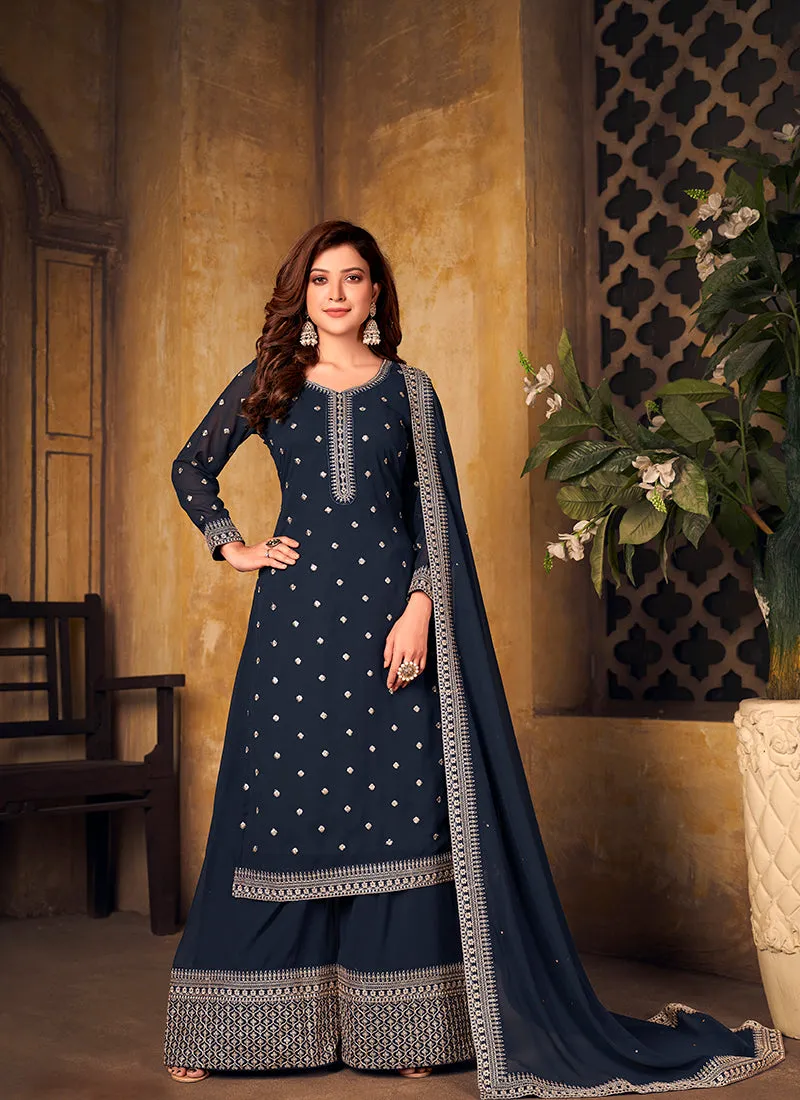 Blue Embroidered Designer Palazzo Suit