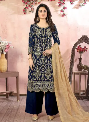 Blue Embroidered Designer Palazzo Suit