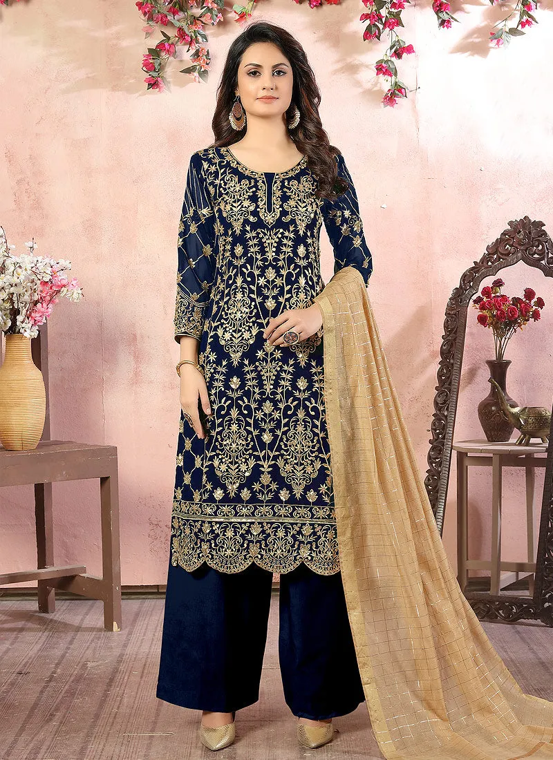 Blue Embroidered Designer Palazzo Suit