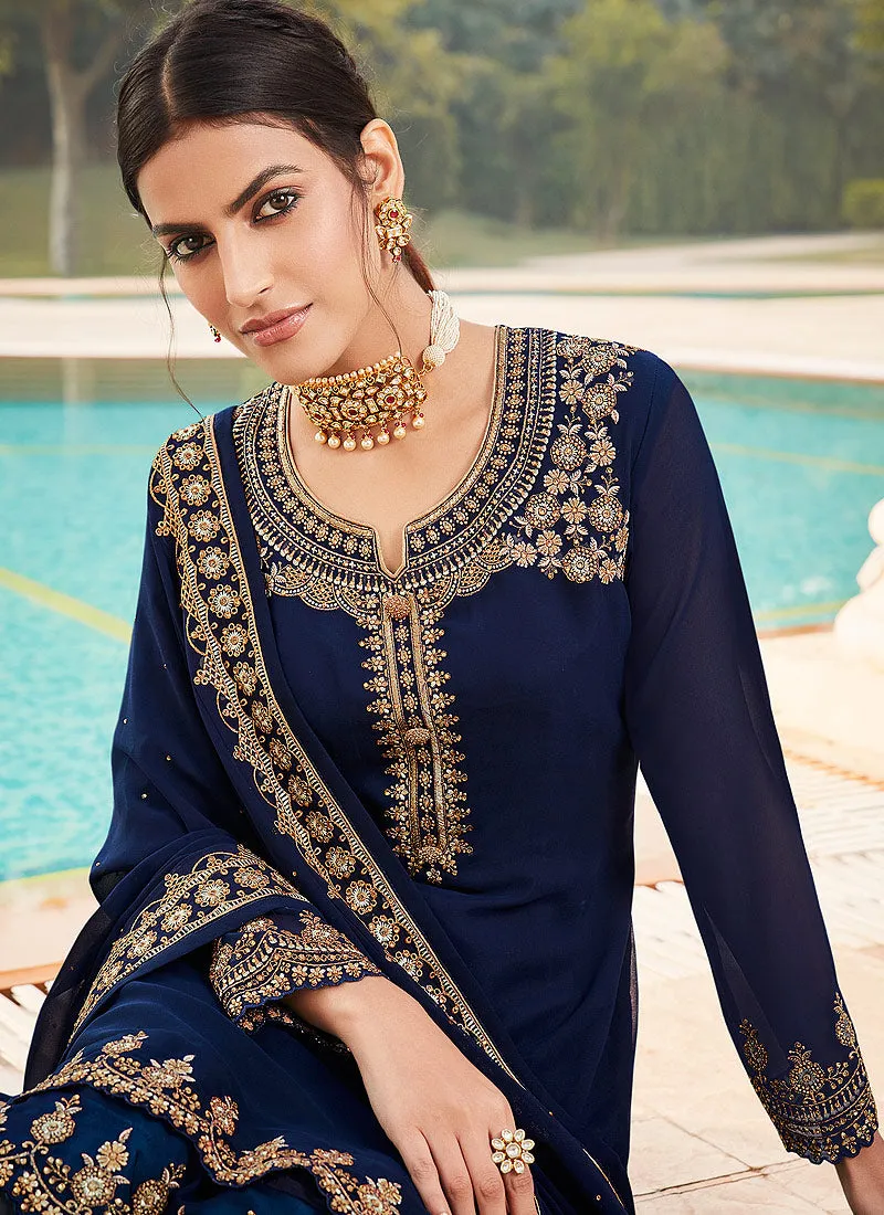 Blue Golden Embroidered Churidar Suit