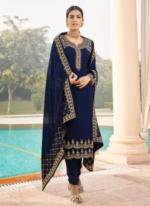 Blue Golden Embroidered Churidar Suit