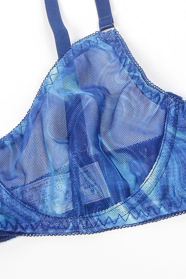 Blue Marbled Mesh Printed Sexy 5 Piece Bra Set