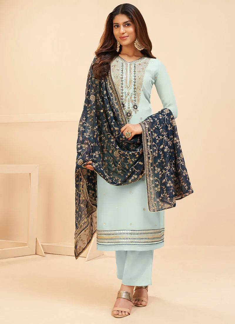 Blue Two Tone Embroidered Salwar Kameez