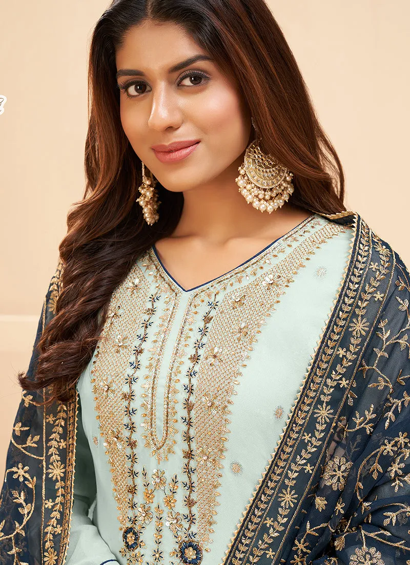 Blue Two Tone Embroidered Salwar Kameez