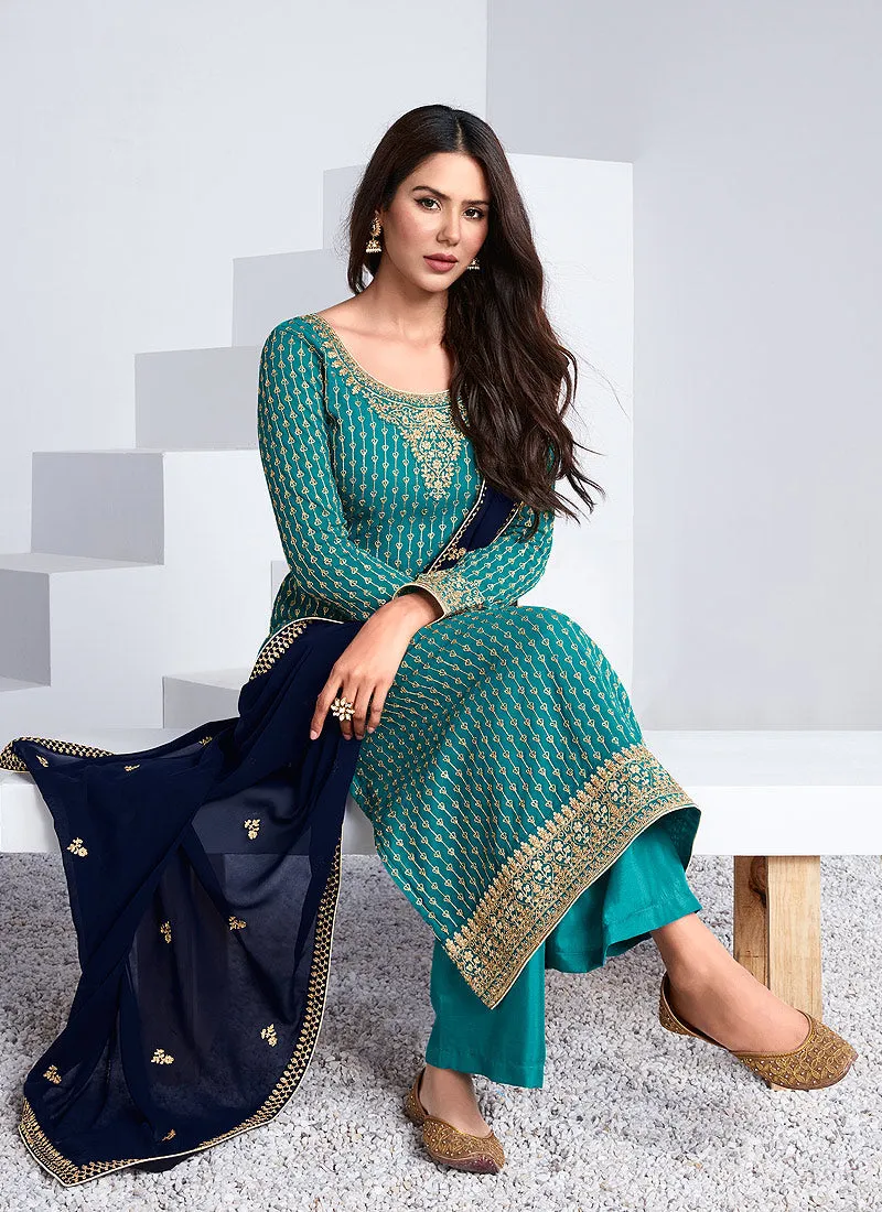 Blue Two Tone Traditional Embroidered Salwar Kameez