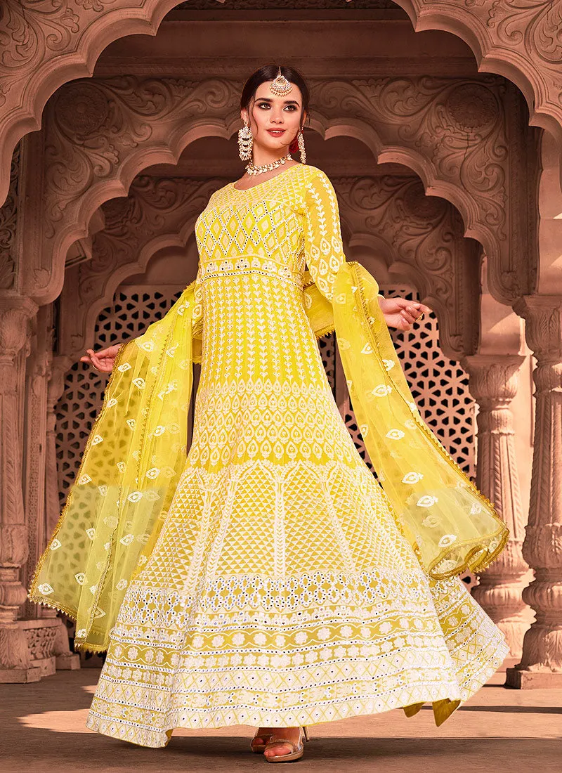 Bright Yellow Lucknowi Embroidered Anarkali Suit