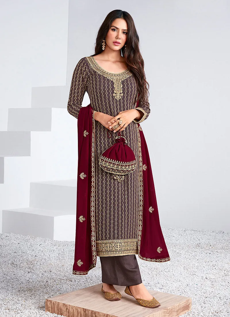 Brown And Red Traditional Embroidered Salwar Kameez
