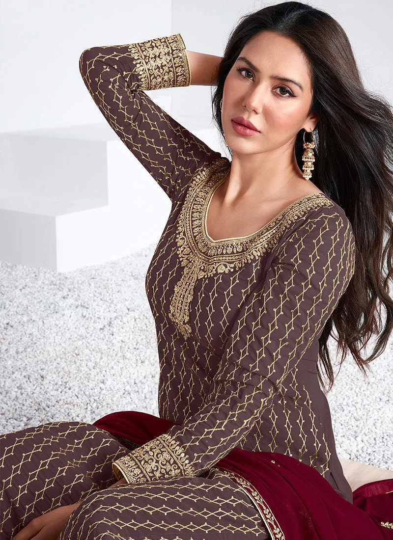 Brown And Red Traditional Embroidered Salwar Kameez