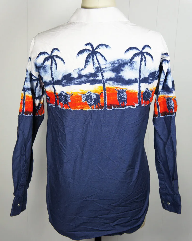 Button Up Western Shirt w/ Longhorn Steer & Palm Trees - Size L